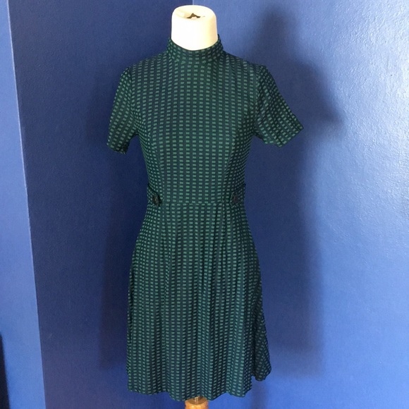 Modcloth mod retro 60s style dress green and blue windowpane print - Picture 3 of 17